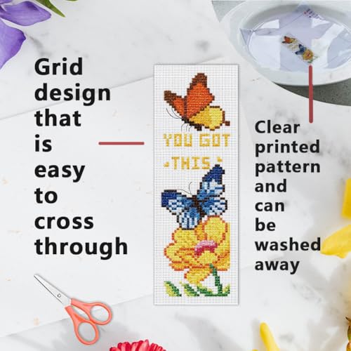INFUNLY 6pcs Butterfly Quotes Cross Stitch Bookmark Kit DIY Embroidery Starter Set 3x8.5 Inch Cotton Linen Pre-Printed Fabric 14 Colors Floss Backing Felt Needles Threader Instructions for Book Lovers - style: Butterfly and Quotes