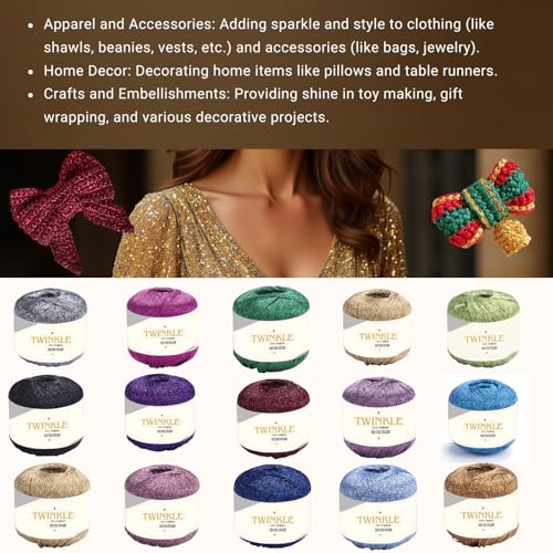 Pack 1 Twinkle Metallic Glitter Yarn Sparkle Fine 1 Light Fingering Weight Worsted Gold Silver for Crochet Knitting, 25g 0.88oz, 175yard Soft Craft Shawls Bags Lurex (Silver Shimmer, Pack 1)