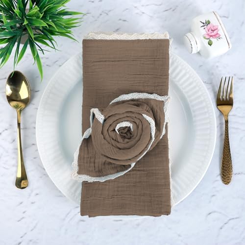 FINGERCRAFT Lace Cloth Napkins, Cotton Gauze, Set of 4, 20x20 in,Warm Taupe - color: Taupe Gauze, size: 20" x 20" (Set of 4)