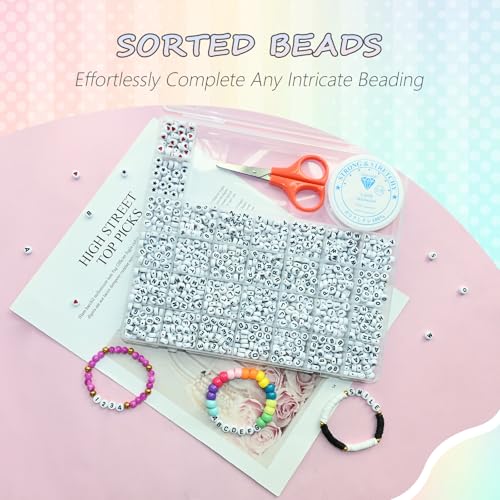 Amaney 1500 Pieces 4x7mm White Round Acrylic Alphabet Letter Beads A-Z Number Beads Star Beads Heart Beads and Crystal Line for Jewelry Making - color: White&Number, size: 7x4mm