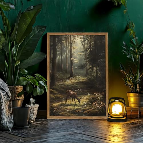 Framed Vintage Forest Deer Canvas Wall Art, Rustic Nature Landscape Paintings Wall Decor, Woodland Animal Pictures Prints Cottagecore Home Decor for Living Room Bedroom Office 16x24 inch - color: Deer, size: 24"L x 16"W