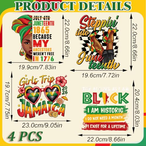 4 Packs Black History Month Iron on Transfer Patches: Juneteenth Heat Transfer Vinyl Decals 1865 Freedom Day Black Women Lettering Waterproof DTF Ready to Press Appliques for T-Shirt Jacket Backpack - style: Juneteenth B