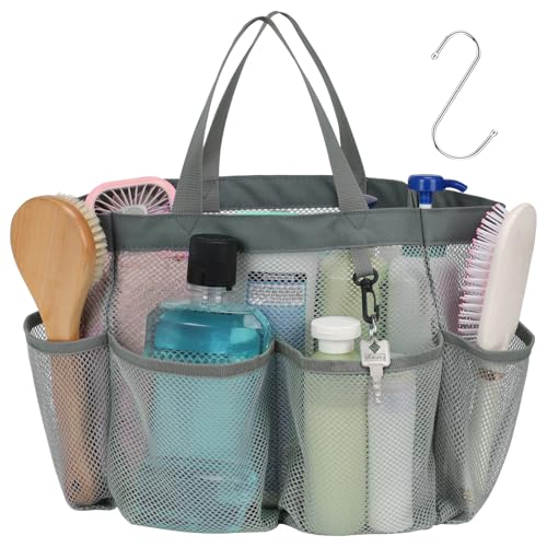 Mesh Shower Caddy Portable - 8 Pockets, S-Hook, Shower Bag for Dorm Camping - color: Grey, size: L (Classic Dorm Caddy)