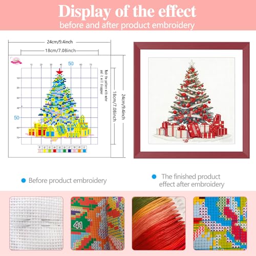 Zhenqing Christmas Tree Cross Stitch Kit – 11CT 9.45x9.45 Inch Aida Cloth with Gifts & Stars – Festive Red, Gold & Indigo Holiday Embroidery Set(67908) - color: 67908