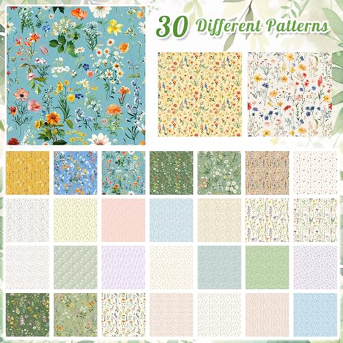 Tatuo 30 Pieces 10 x 10 Inches Summer Floral Cotton Fabric Bundle Squares Patchwork Floral Fabric Sewing Quilting Bundles Assorted Pattern Cloth for DIY Scrapbook Craft Making - style: Classic Wildflower