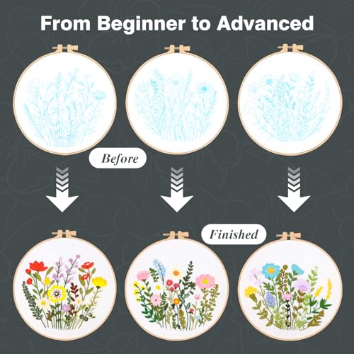 3 Pack Embroidery Kits for Beginners, Flower Pattern Kit for Adults Starter - color: Flower
