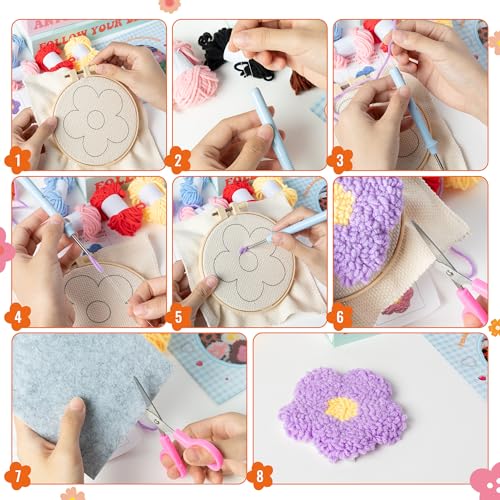 WATINC Punch Needle Coaster Kit - 6 Pattern DIY Craft for Beginners, Flower