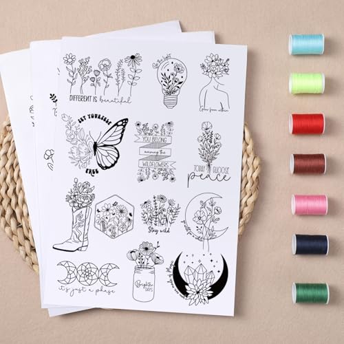 Water Soluble Stabilizer Embroidery Paper, 4 Sheet 60 PCS Boho Stick and Stitch Embroidery Paper Wash Away, Butterfly Flower Moon Transfers Papers DIY Crafts Gifts for Hand Sewing Lover Beginners - size: Boho Flower