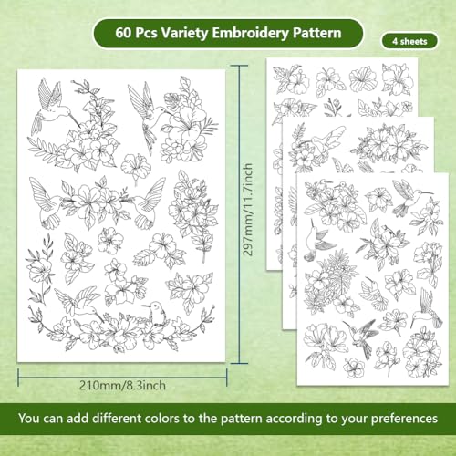 BENECREAT 4Sheets 60Pcs Hibiscus Hummingbird Water Soluble Embroidery, 11.7x8.3inch Stick and Stitch Embroidery Paper Stabilizer Water Soluble Hand Sewing for Shirts, Coats, Bags - color: Hibiscus and Hummingbird