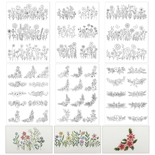 Flower Water Soluble Embroidery Patterns, 6 Sheets 48 Pcs Stick and Stitch Embroidery Papers, Wash Away Pre-Printed Floral Pattern Transfers Paper, Customized Gift for Hand Sewing Lover Beginners - size: Floral