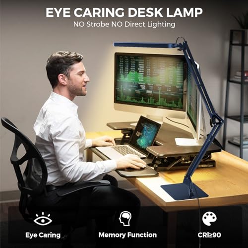 SKYLEO LED Desk Lamp with Slim Base - Adjustable Swing Arm Desk Light, Dimmable, Timer, Eye Protection, Memory Function, 1300LM, 12W, Blue - style: Blue swing arm with Base