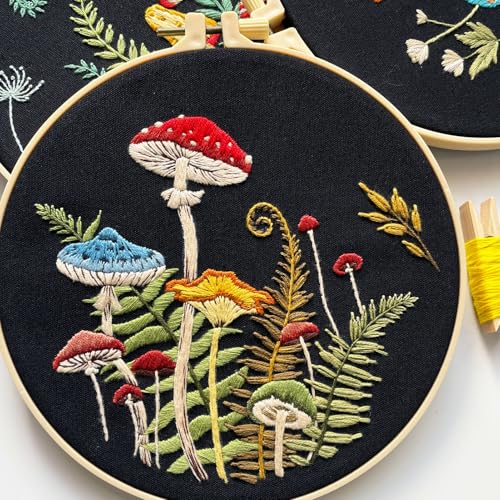 Myfelicity Embroidery Kit with Mushroom Patterns, 3 Hoops, Fabric, Threads, Needles, Instructions (red) - color: red