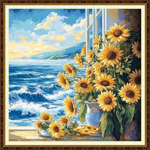 Redxing Counted Cross Stitch Kit for Beginners,Unprinted Needlepoint Kits for Beginners Cross Stitching Embroidery Kit 11CT Stitches kit-Sunflowers on Seaside windowsill 18x18 inch - color: KitColors42