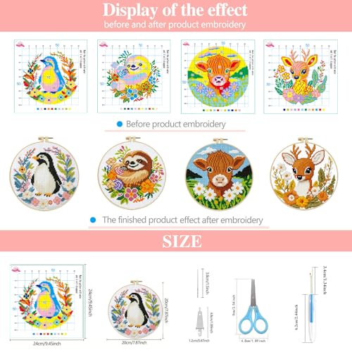 Zhenqing 4-Piece Animal Cross Stitch Kit for Beginners - Complete Set with Pre-Printed 11CT 24x24cm Fabric, Hoop & Tools (Penguin, Sloth, Cow, Deer Designs)(70405) - color: 70405