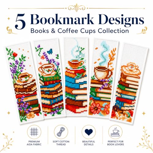 Zhenqing Books and Coffee Stamped Cross Stitch Bookmark Kit, 5 Cozy Reading Designs for Adults and Beginners, Book Lover Gift - color: Books and Coffee Bookmark