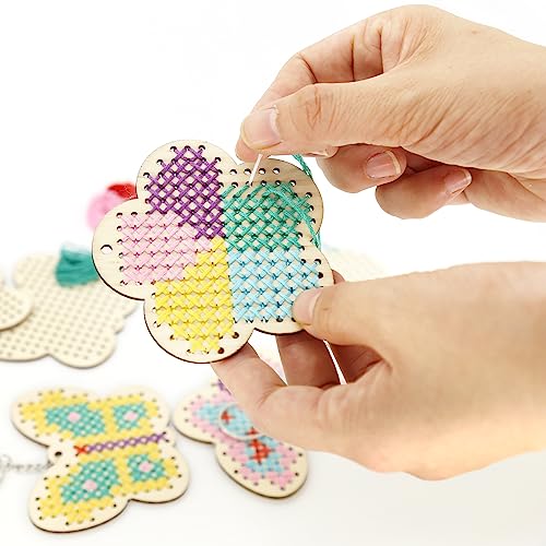 VKPI Wooden Cross Stitch Kits for Kids, Make Your Own 6 Cross Stitching Keyrings, Wood Sewing Kit, Arts & Crafts Stars, Hearts Ornaments, Plastic Needle Embroidery Kit for Beginners, Girls, 6-13 - color: Star & Heart