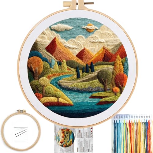 FONNUY Embroidery Kit for Beginners, Brightly Colored Landscape Lake Pre-Stamped Pattern Kits for Adults with Hoop, Easy to Follow Color Thread Needlework, 8'' Hoop (Blue) - color: Blue