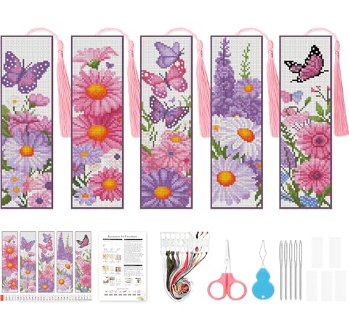 5 Pack Flower Butterfly Cross Stitch Bookmark Kits for Adult Beginners - color: butterfly and flowers