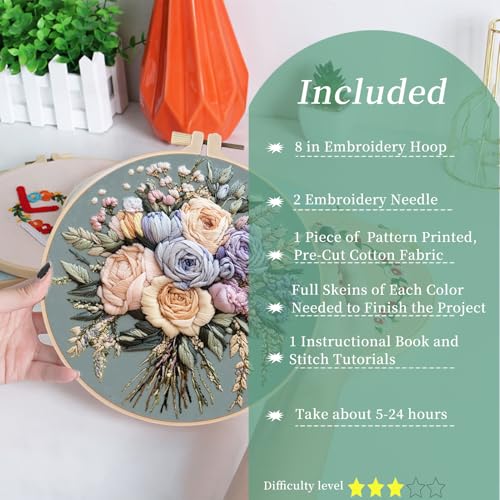 FONNUY Bouquet Flowers Embroidery Kit for Beginners, Pre-Stamped Pattern Kits for Adults with Hoop, Easy to Follow Color Thread Needlework, 8'' Hoop (Joyful Bouquet) - style: Joyful Bouquet