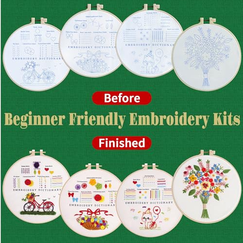 CornerLife 4 Pack Embroidery Kit for Beginners Adults, Hand Embroidery Kits with Pre-Stamped Floral Patterns and Instructions, Adjustable Hoop, Needlepoint Starter Kit DIY Art Crafts Gift (Flower A) - color: Flower A