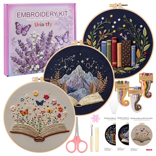 Uniartfy 3 Pack Embroidery Starter Kit, Stamped Book Flower Mountain Butterfly Cross Stitch Kits for Beginners, Needlepoint Kits Adults with Embroidery Hoop and Instructions, Hand Embroidery Kit - color: Embroidery Kit-P