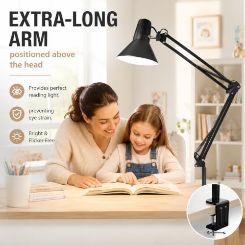 Black Dimmable Desk Lamp with Clamp, Extra-Tall Adjustable Swing Arm - color: Black, size: 3Adjustable Color Temperature-Extra Long Swing Arm
