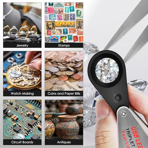 Rechargeable 30x Jewelers loupe with Light and Four Types of Light, 22mm Triplet Lens Pocket Foldable Eye Loop Magnifier Jewelry Coins Magnifying Glass for Gemstone, Diamond, Stamps, Watches, Plants - size: 30x Silver