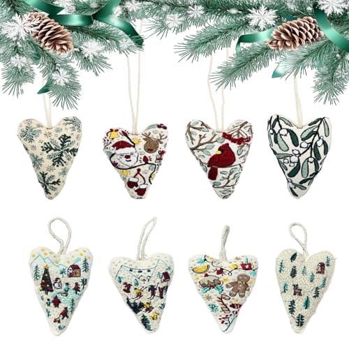 DIY Heart Shaped Hand Embroidered Christmas Ornament Kit Complete Craft Set with Pre-Printed Fabric Embroidery Thread Holiday Cross Stitch Decor for Beginners Adults and Home Decor (Finished product)