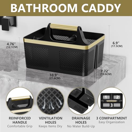 BYUNER Shower Caddy Dorm Men: Plastic Bathroom Caddy Organizer with Handle and Holes, Bath Caddy for College Dorm, Portable Shower Basket Tote for Toiletry, Travel, GYM, Camp Essentials Black/Gold - color: Black/Gold