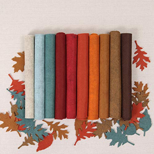 Benzie Design Wool Felt, 10 pcs 12"x18" with Matching DMC Embroidery Floss in Autumn Colors, 1 mm Thick, Soft & Pliable, Wool Blend Felt, Harvest Moon 12"x18" & Floss