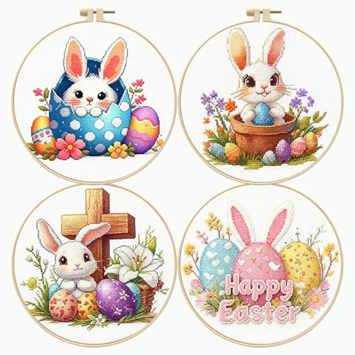 FEIYUENO 4 Pack Bunny Embroidery Kit for Adults Beginnerr, Easter - color: Easter