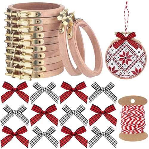 Beeveer 12 Sets 3 Inch Beech Wood Embroidery Hoops with Bows Rope Xmas