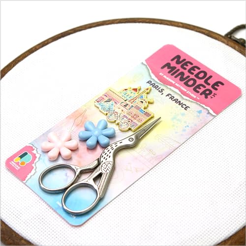 Awesome Pattern Studio Needle Minder Set – Paris Magnetic Needle Minder + 2 Needle Threaders + Crane Scissors. Enamel Pin for Cross Stitch, Embroidery and Craft - size: Paris Set #2