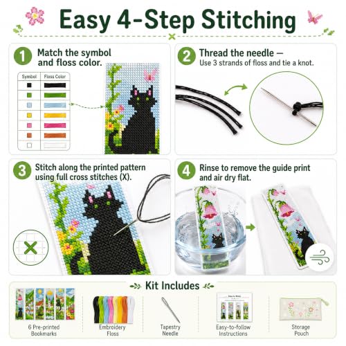 Zhenqing Black Cat Stamped Cross Stitch Bookmark Kit, 6 Designs - color: Cottagecore Black Cats in Countryside Gardens