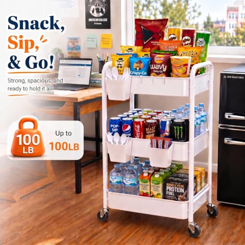 3 Tier Rolling Cart Metal with Wheels, White Three Tiered Carts on Wheels - color: Light White, size: 3 Tier + Cups + Hooks