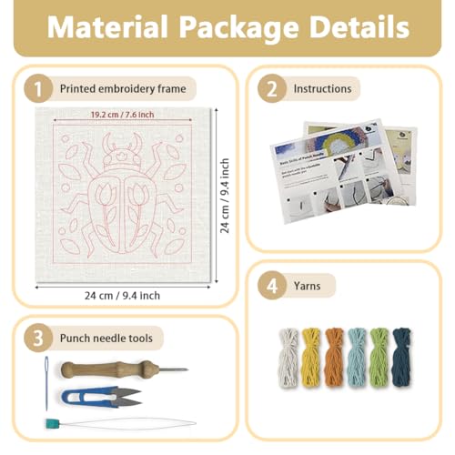 Doodlream Beetle DIY Punch Needle Embroidery Kit for Adult Beginner, 9.4" Scarab Flower Animal Punch Stitching Craft Set for Starter with Frame, Fabric Pattern, Threader, Yarn, Pinch Needle - color: Beetle
