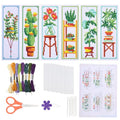 ORIGACH 6 Set Green Plants Cross Stitch Bookmark Kit for Beginner with Backing Felt Floss Instructions DIY Stamped Embroidery Bookmark Kit for Adults, Book Lovers - style: Green Plants