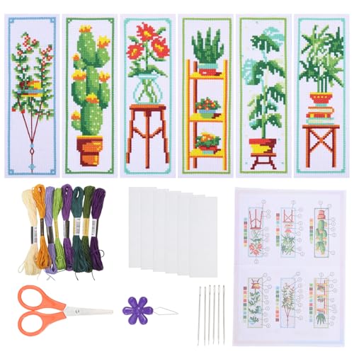ORIGACH 6 Set Green Plants Cross Stitch Bookmark Kit for Beginner with Backing Felt Floss Instructions DIY Stamped Embroidery Bookmark Kit for Adults, Book Lovers - style: Green Plants