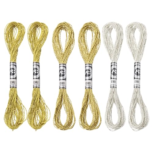 PATIKIL 6 Skeins Embroidery Floss, Metallic Embroidery Thread Nylon Threads Bracelets String for Cross-Stitch Hand Embroidery, Gold/Silver/Light Gold - color: Gold/Silver/Light Gold