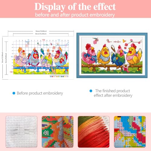 Zhenqing Knitting Chickens Stamped Cross Stitch Kit, 11CT Printed Pattern on White Cotton Fabric, Farmhouse Chicken Decor - color: Funny Knitting Chickens