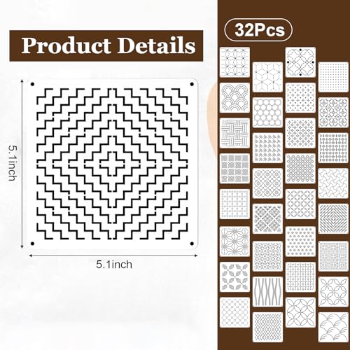 32 Piece Sashiko Stencil Kit 5.1 x 5.1 Inch PET Templates