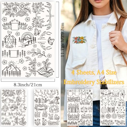 50Pcs Water Soluble Embroidery Patterns Mountains 11.7 x 8.3 Inch Embroidery Paper Flowers Book Mountains Stick and Stitch Wash Away Transfer Paper Stabilizers for Hand Sewing Beginners - color: Mixed Shapes