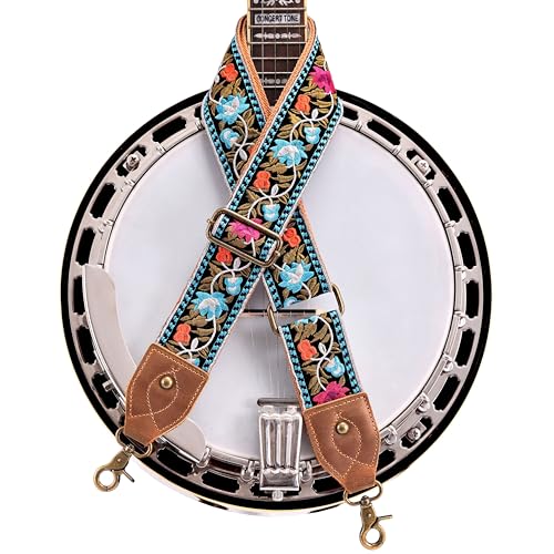 Nefelibata Banjo Strap, 2" Wide Double Crazy Horse Leather Jacquard Embroidery Strap Adjustable Replacement,Multi-pattern Strap With Metal Clips - color: Ab#-retro Floral
