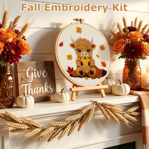 Louise Maelys Highland Cow Embroidery Kit for Beginners（Autumn - color: Highland Cow