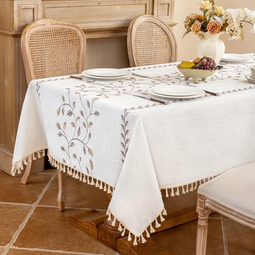 Alsoo Tablecloth Rectangle 55" x 90", Farmhouse Linen Style Table Cloth, Brown Leaf Embroidery & Tassels, Heavy Weight Rustic Wrinkle & Spill Resistant Table Cover for Dining Kitchen (6-8 Seats) - color: Brown Leaf, size: 90" x 55" (Rectangular)