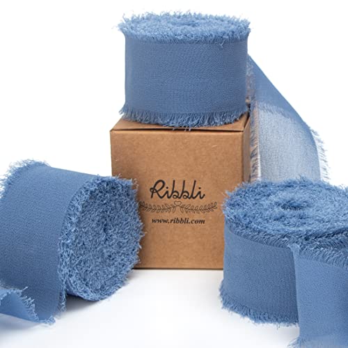 Ribbli Dusty Blue Chiffon Ribbon - 1-1/2 inch x 30 Yard Handmade Fringe Silk Ribbon for Wedding Invitations, Bridal Bouquets, Flower Arrangements - color: Dusty Blue