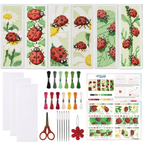 ORIGACH 6 Set Ladybug Cross Stitch Bookmark Kit for Beginner - style: Ladybug