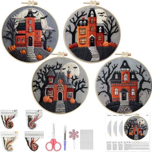 LB 4-Pack Halloween Castle Embroidery Kit for Beginners: Fall Pumpkin and Black Tree Bat Cross Stitch Kit | Adults DIY Starter Kit Includes Embroidery Hoop, Colorful Threads, Tools and Instructions - color: Black Orange
