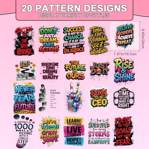 Rngmsi Dtf Transfers Ready to Press - 20 Pcs Inspirational Iron on Transfers for T-Shirts, Colorful Motivational Iron on Stickers, Heat Transfer Vinyl Decals for DIY Fabric Clothes Decor - style: Inspirational