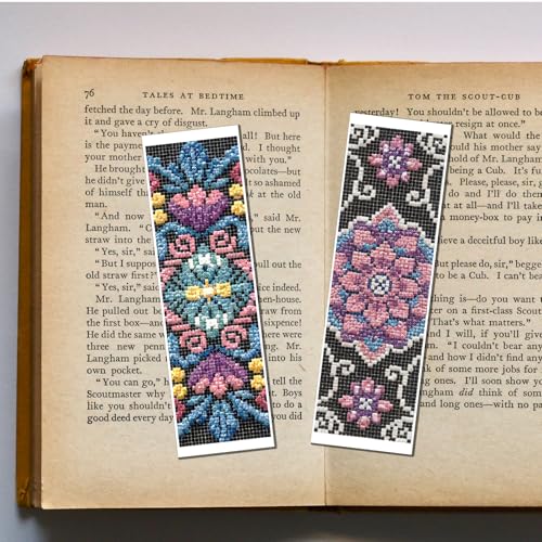 FREEBLOSS 6 Set Cross Stitch Bookmark Kit 11 CT Complete Stamped Cross Stitch Kit DIY Embroidery Bookmark Kits for Adult Beginners with Instructions, Retro Floral Pattern, 6 x 20 cm/8" x 2.4" - style: Retro Black Background
